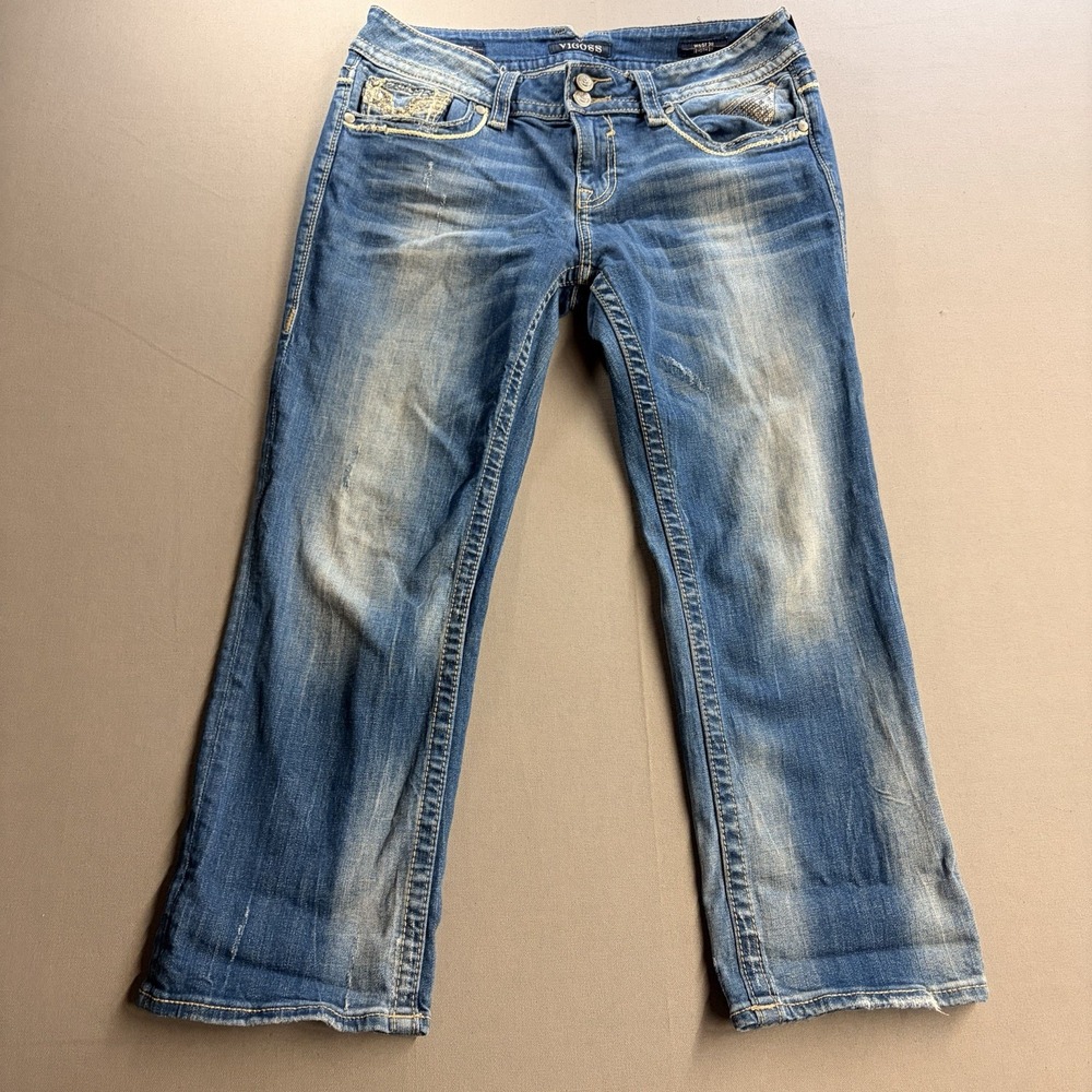 Vigoss The Dublin Capri Womens Jeans 30x23 Distressed Embellished Blue C2502A
